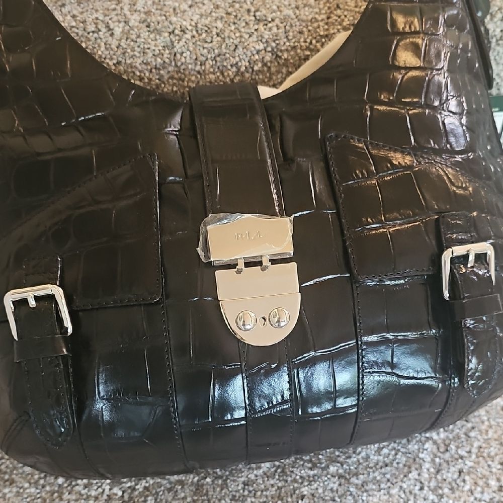 Lauren Ralph Lauren Black Croc-Embossed Leather Shoulder Bag - Picture 2 of 14